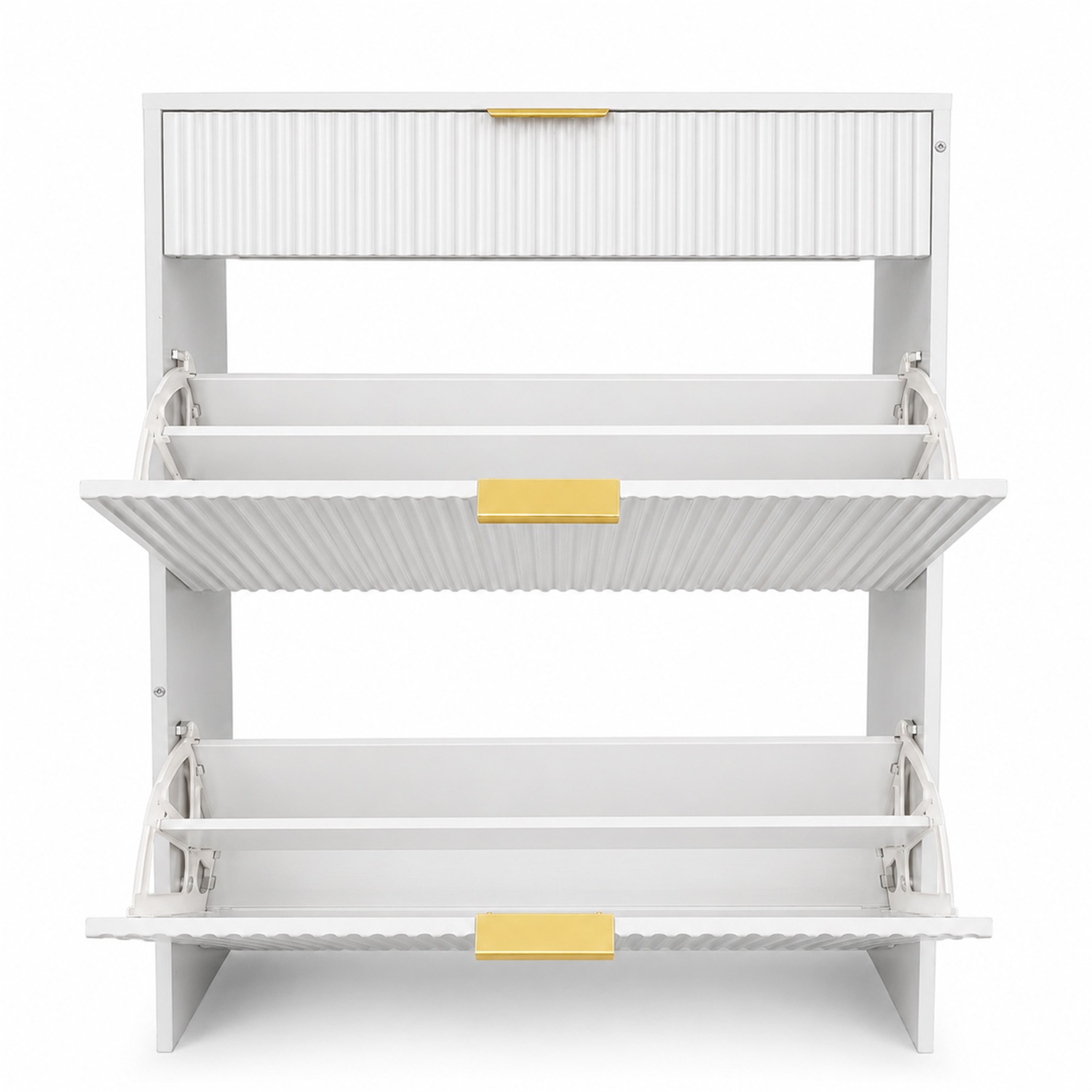 Hommoo Modern Narrow Fluted Shoe Storage Cabinet with Gold Pull Handles, Freestanding Slim Shoe Organizer for Entryway, Hallway & Bedroom, with Flip Drawers & Pull-Out Drawer, White