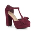 thumbnail image 1 of BLISSFUL STEP Women's Shoes Mary Janes Platform Pumps T-Strap Block Heel Round Toe Bow Decor Casual Shoes Burgundy 7, 1 of 7