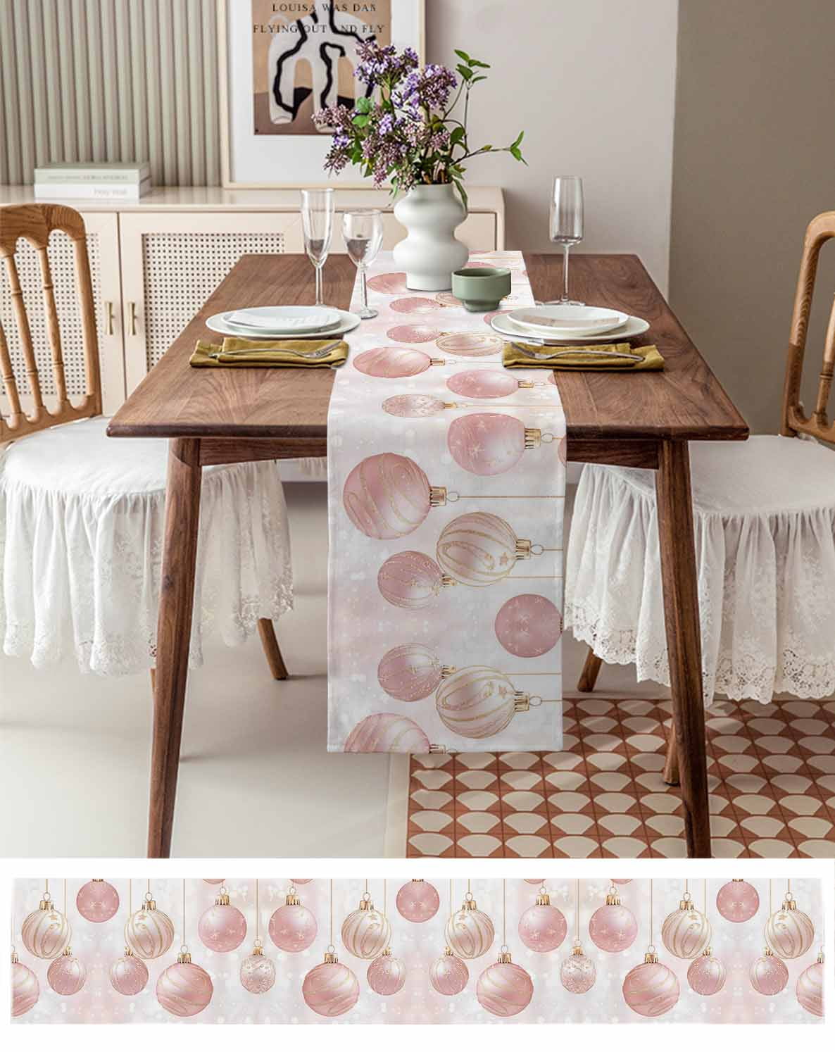Ldtrchee Pink Christmas Table Runner 108 Inches, Christmas Balls Snowflake Bed Runner Dresser Scarves Tabletop for Indoor Outdoor Parties/Ceremony/Banquet, 13"x 108"