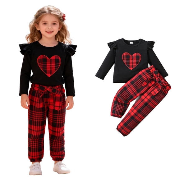 Baby Girl Valentines Outfit Long Sleeve Plaid Ruffle Top and Pants Set Cute Girl Outfits 2-3 Years Baby Girl Outfits
