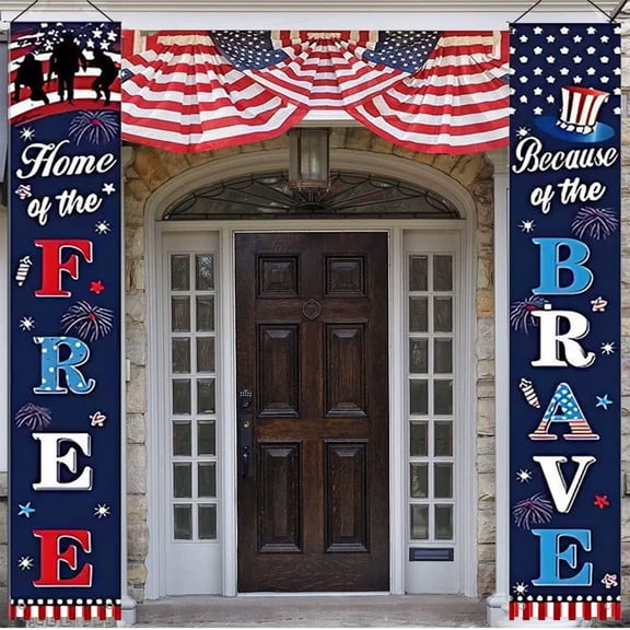 Hyknon 4th of July American Door Banners, Red White Blue Holiday Banners, Patriotic Stars and Stripes Hanging Porch Signs for Independence Day Memorial Day Front Door Decorations