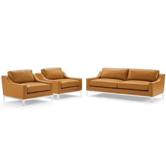 Armchair and Loveseat Sofa Set, Leather, Steel, Tan, Modern Contemporary Urban Design, Living Lounge Room Hotel Lobby Hospitality