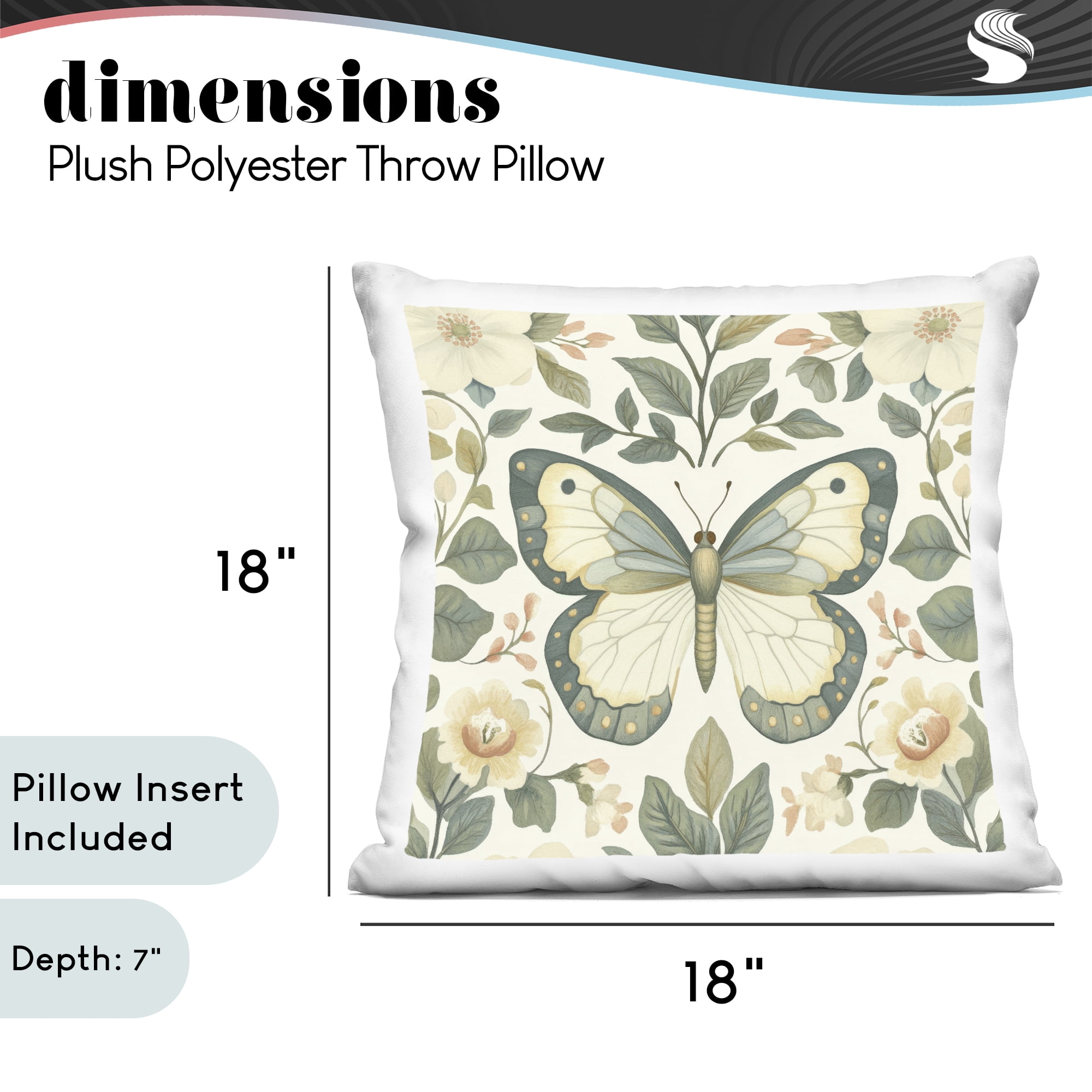 Stupell Industries Sage Butterfly and Florals Decorative Printed Throw Pillow, design by Petal Prints Design, 18 x 7 x 18