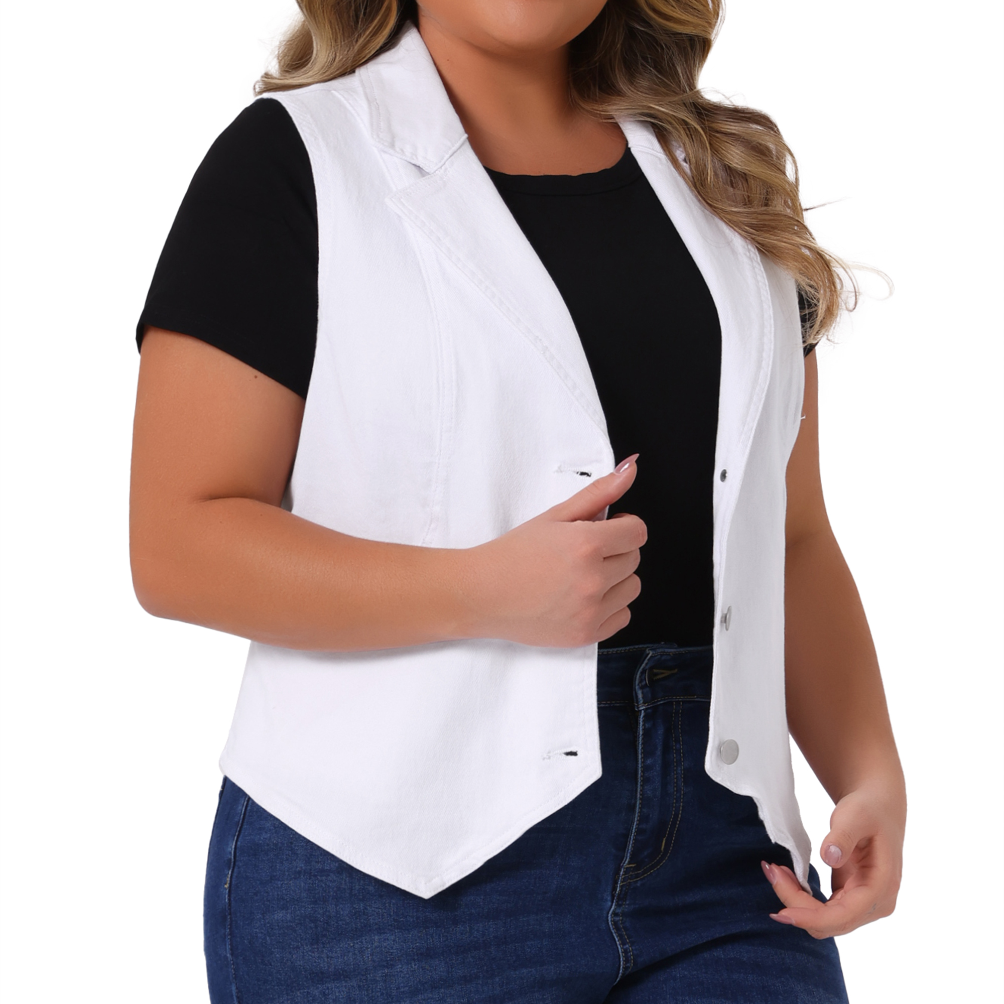 DARING DIVA Women's Plus Size Lapel Sleeveless Waistcoat Jean Vest Jacket 1X White