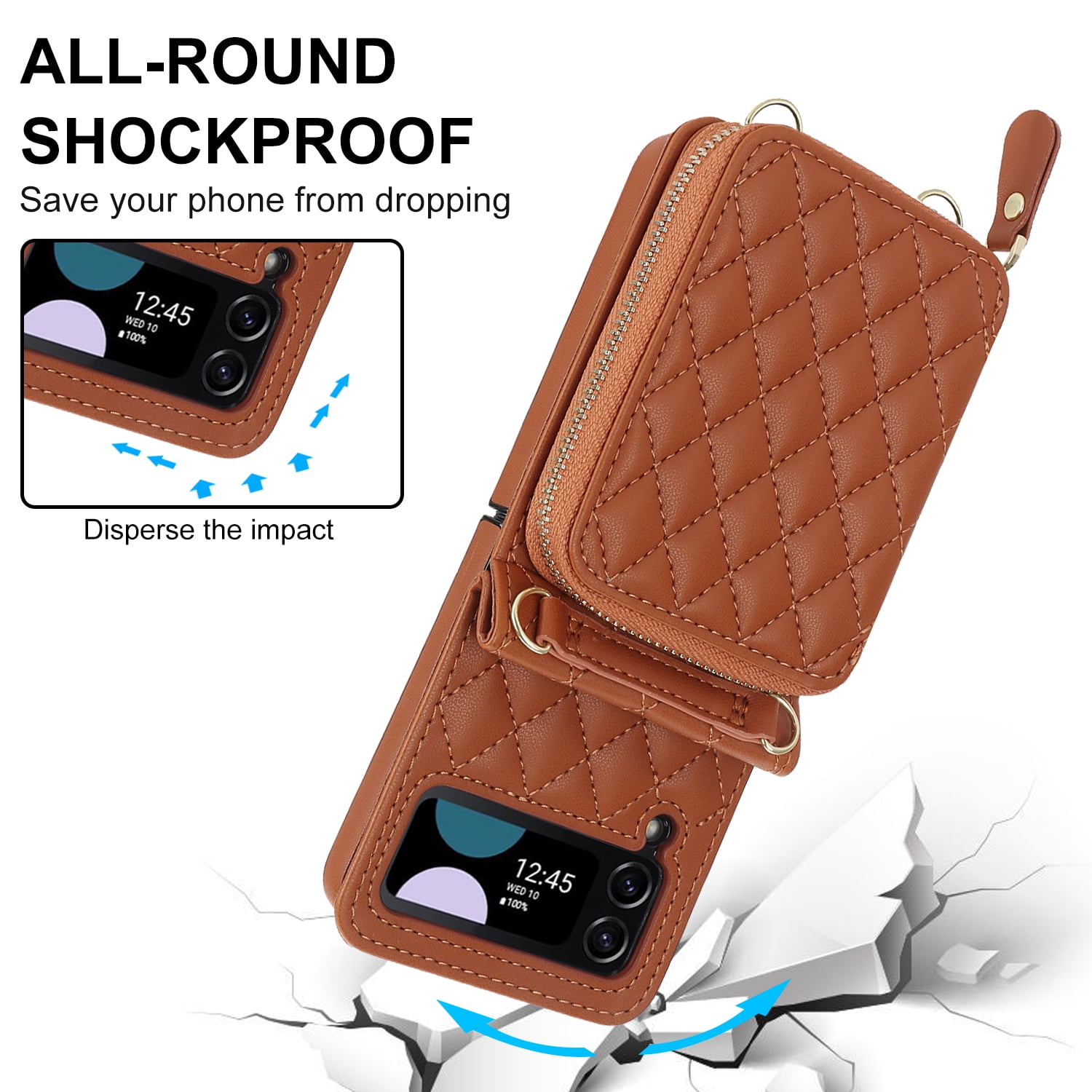 Dteck for Samsung Galaxy Z Flip 4 Case with Card Holder RFID Blocking, Crossbody Wallet Case for Z Flip4 with Adjustable Strap, Zipper Purse Leather Handbag Case Compatible with Galaxy Z Flip4,Brown