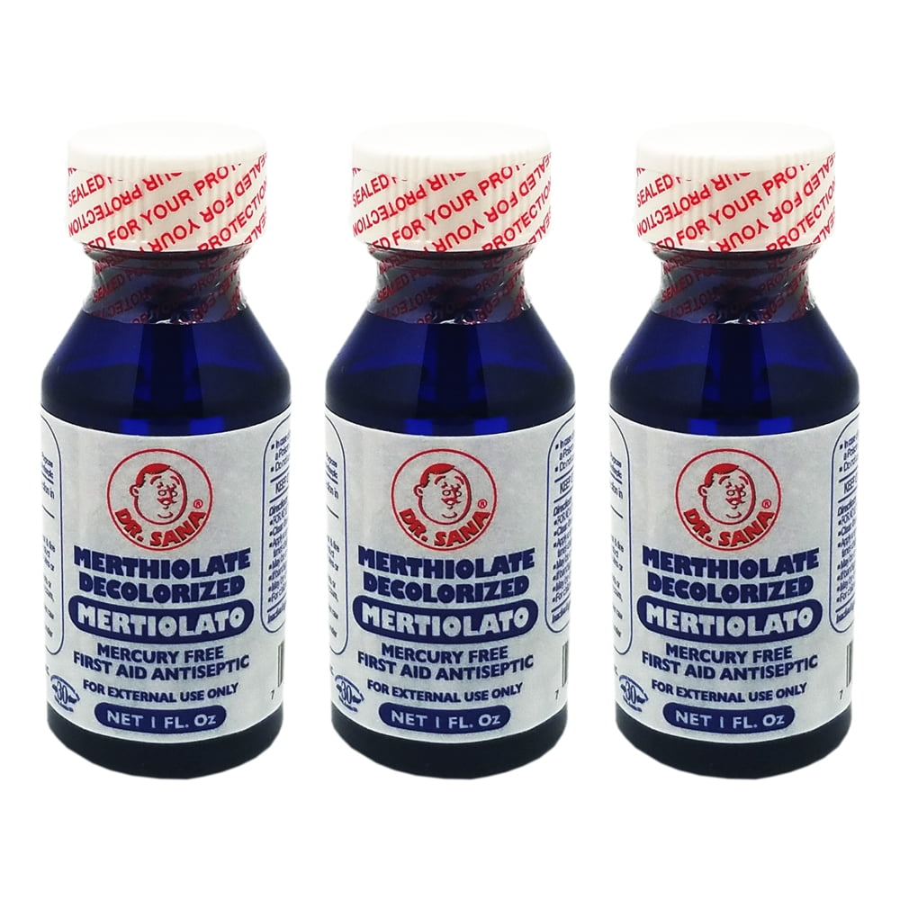 Dr Sana Decolorized Merthiolate Tincture. First Aid Antiseptic For Minor Scrapes, Cuts, Burns and Wounds. Doesn’t Stain Skin and Clothes. 1 oz. Pack of 3