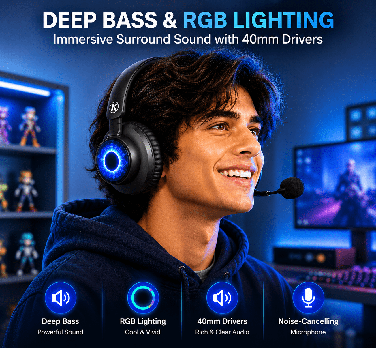JARNHNG 2.4GHz Wireless Gaming Headset for PS5/PS4/PC/Switch, Bluetooth 5.4, Noise-Canceling Mic, RGB Lighting, 35H Playtime, Foldable, Black