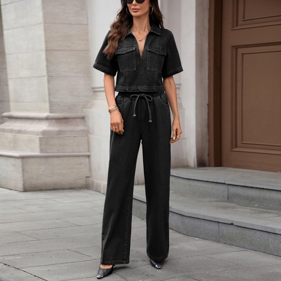 Karymi Workout Sets for Women 2-Piece Denim Set, Cropped V-Neck Collared Short Sleeve Top Elastic Drawstring Waist Wide Leg Pants with Pockets, Casual Outfit Womens Blouses