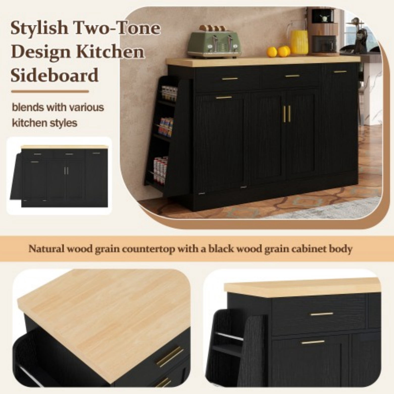 Kitchen Sideboard Cabinet with Trash Can Storage, Multi-Functional Storage Cabinet with Sliding Door & 3-Tier Spice Rack, Kitchen Island Table Buffet Cabinet for Dining Room, Black