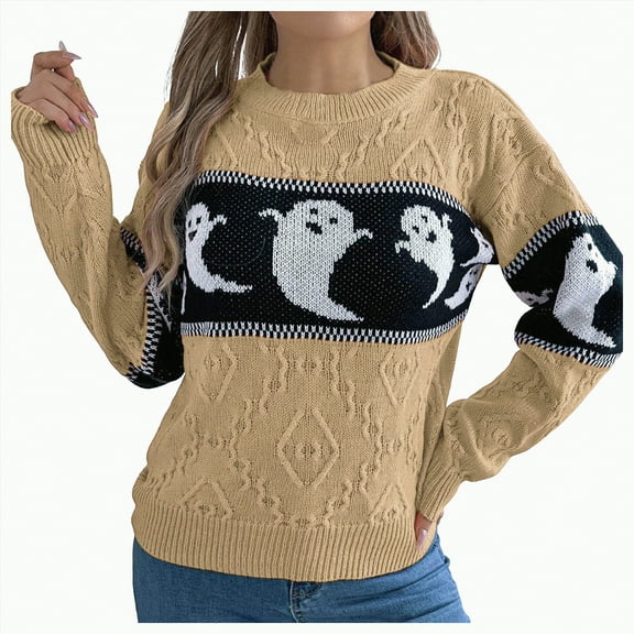 UngA Halloween Womens Clothing Halloween Knitted Pullover Sweaters Fall Winter Fashion Maple Leafs Pumpkin Clothes Fall Outfits for Women Khaki,S