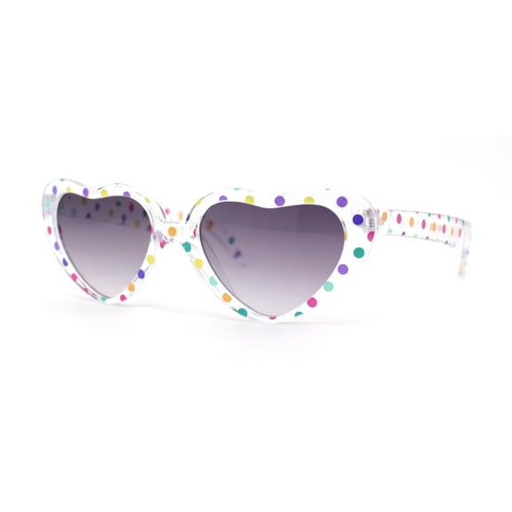 Girls Kids Size Heart Shape Fun Print Plastic Sunglasses Clear Polka Dot Smoke