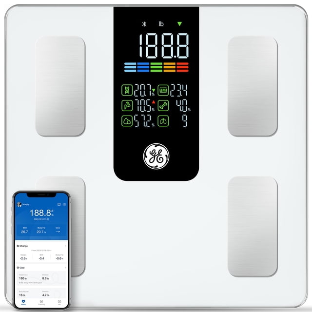 Báscula inteligente GE para peso corporal: Báscula digital para baño con Bluetooth, monitor de composición corporal, plataforma grande de 11.8", báscula precisa, analizador de salud con aplicación, 22