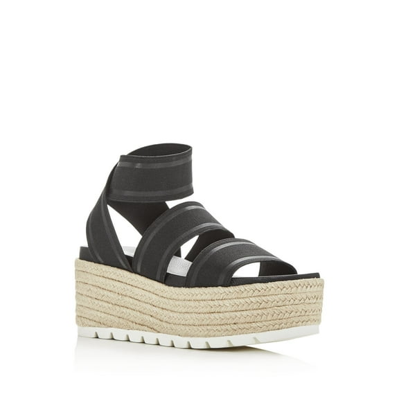 J SLIDES Womens Black Comfort 2" Platform Treaded Sole Ankle Strap Stretch Quartz Round Toe Wedge Slip On Espadrille Shoes 6 M