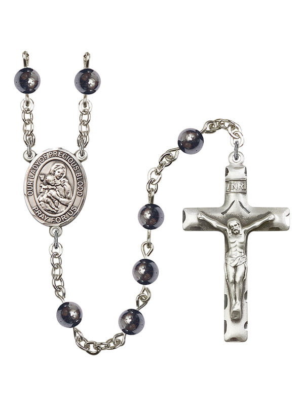 18-Inch Rhodium Plated Necklace with 6mm Rose Birthstone Beads and Sterling Silver Our Lady of the Precious Blood Charm. 