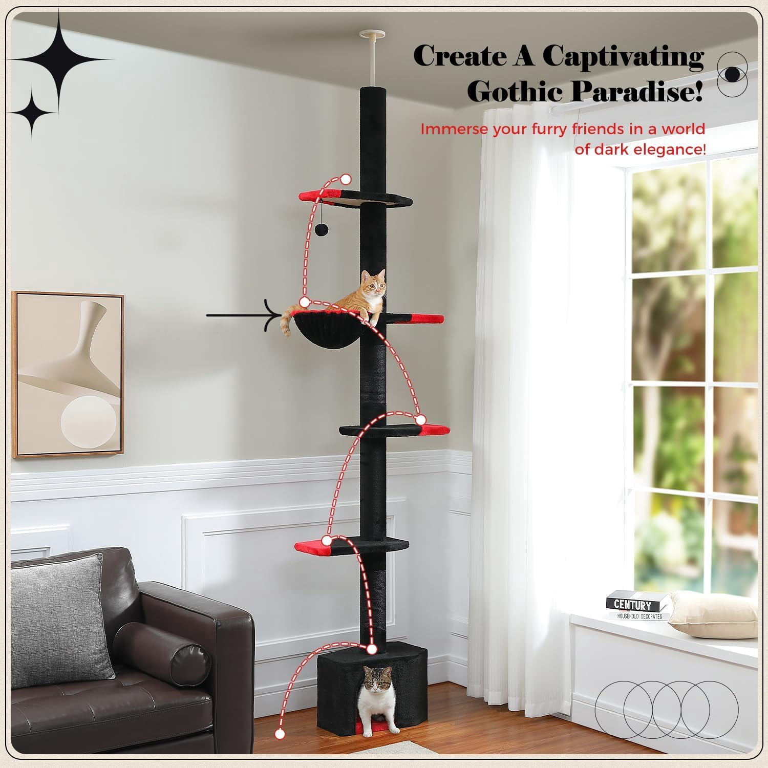 Gothic Cat Tree, Floor to Ceiling Cat Tower with Adjustable Height (86.8-120 Inches), 5 Tiers Black Cat Condo with Cozy Hammock, Fully Scratching Posts and Dangling Balls for Indoor Cats