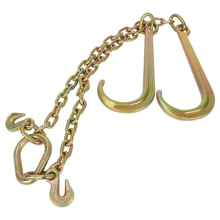 J Hook Tow Chain, 5/16''x2' Tow Chain V Bridle with Large Shank J Hooks and  Grab Hooks for Flatbed Truck Rollback Wrecker Carrier 