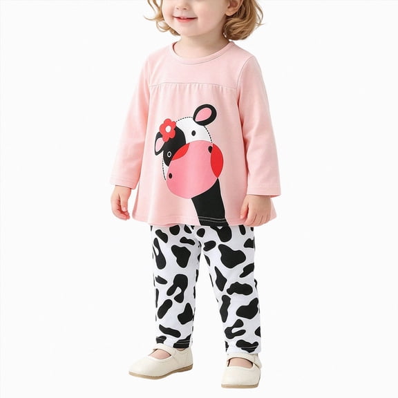 xaweyi Toddler Girls 2 Piece Cartoon Cow Outfit Set, Long Sleeve Print Top Cow Spotted Pants Soft Baby Clothing Set Size 6-9 Months