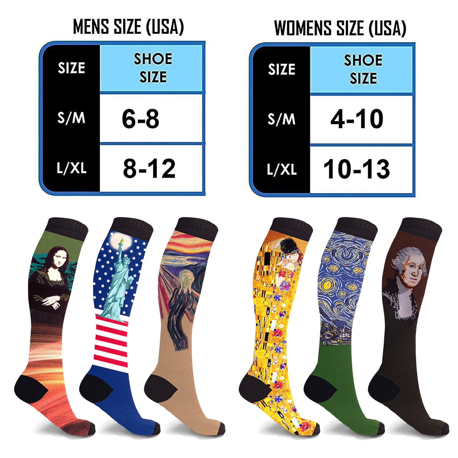 3-Pair Compression socks Knee High for Men and Women - Made for Walking, Standing and Travel - Art Edition