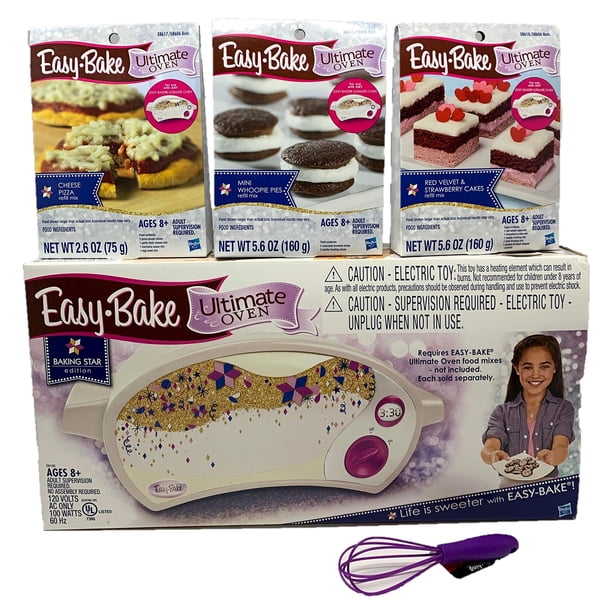 Horno Easy Bake Paquete de horno Easy Bake Ultimate Edición estrella para hornear + tamaño más grande 13.8 oz. Paquete de 3 mezclas de repuesto (Pizza Whoopie Pies y Red Velvet & Strawberry Cakes) + M