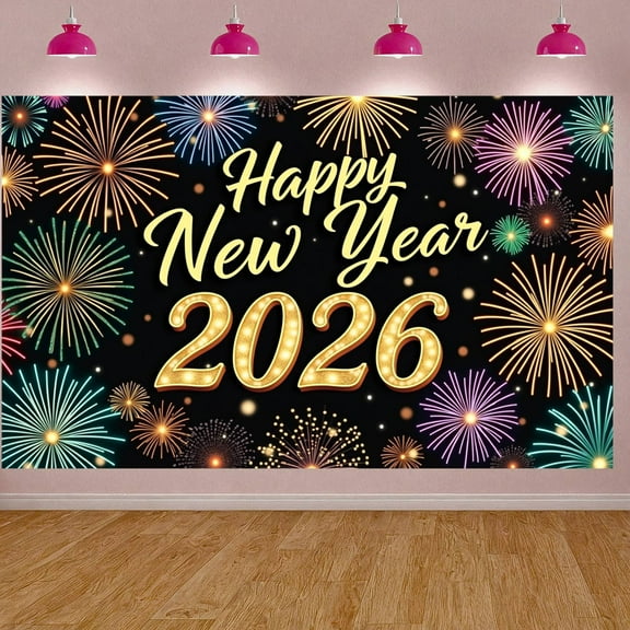 Colorful Fireworks Happy New Year Banner Golden Lettering 2026 New Year Display Festive Design Sparkling Elements New Year Backdrop for New Year Party 2026 Celebration Holiday Gathering