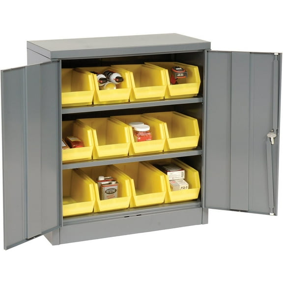 Global Industrial 500134 36 x 18 x 42 in. Locking Storage Cabinet with 12 Yellow Stacking Bins & 2 Shelves Unassembled, Gray