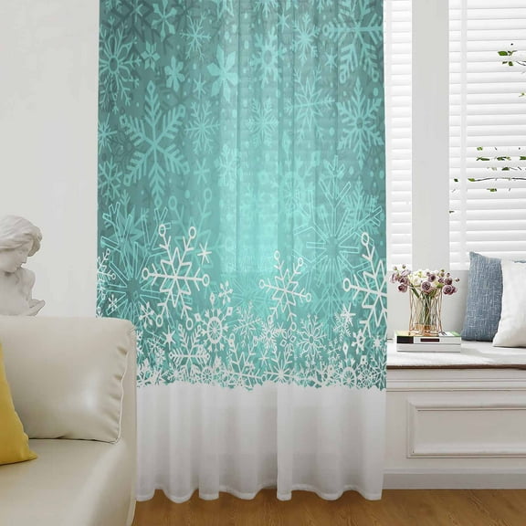 Turquoise Snowflakes Christmas Semi Sheer Curtains Drapes for Living Room,Bedroom,French Doors Window 108 Inches Long,Winter Holiday Xmas Snowflake Rod Pocket Chiffon Curtain Voile Drapery Panel