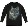 Timber Wolf Face Youth Long Sleeve T Shirt Black YXL