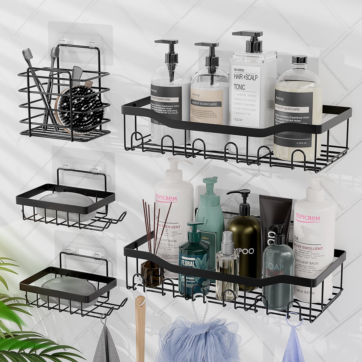 (2 pack) Lammaloe Adhesive Steel Shower Caddy Organizer, Bathroom Accessories Rustproof Shower Caddy Bathroom Organizer 5 Pack, Black
