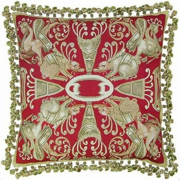 Aubusson Throw Pillow 24"x24" Handwoven Silk Dupioni 8 Beasts Red Gold