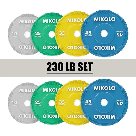 Mikolo Bumper Plates, 2-Inch Olympic Weight Plates for Weight Lifting and Strength Training, 230 lbs Sets