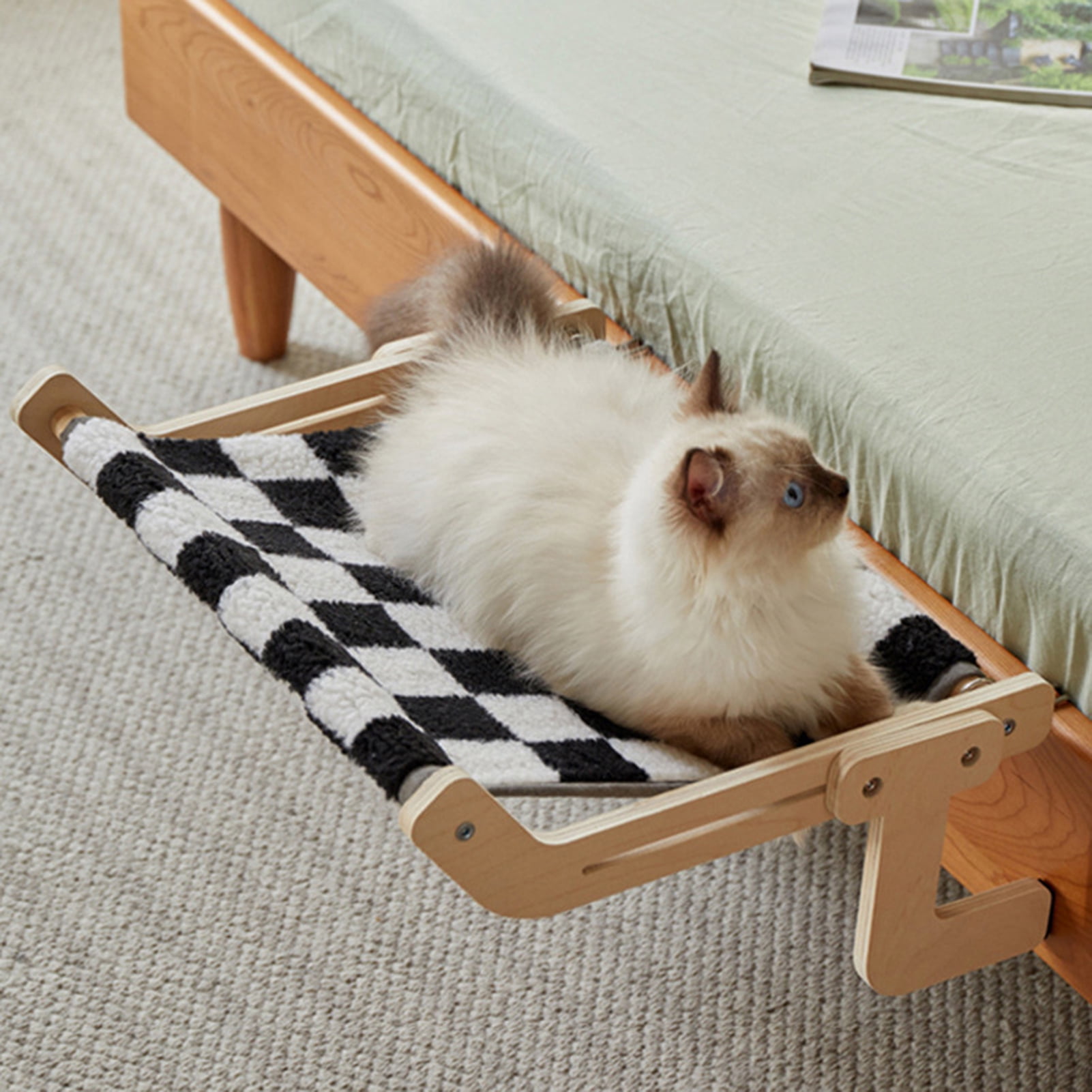 YIFAEUX Bedside Cat Hammock Adjustable Cat Bed Window Perch with Wood Frame No Drilling Installation Pet Hammock for Window Sill Indoor Cats