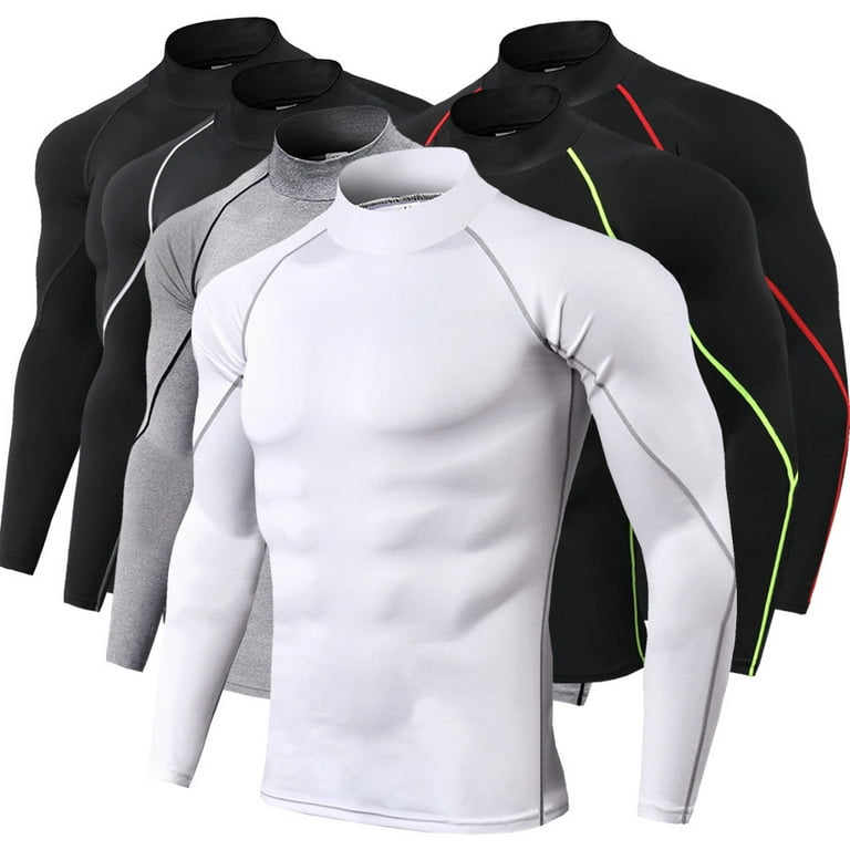 Men's Athletic High Neck Fitness Long Sleeve Compression Tops Quick-Dry  Tshirt