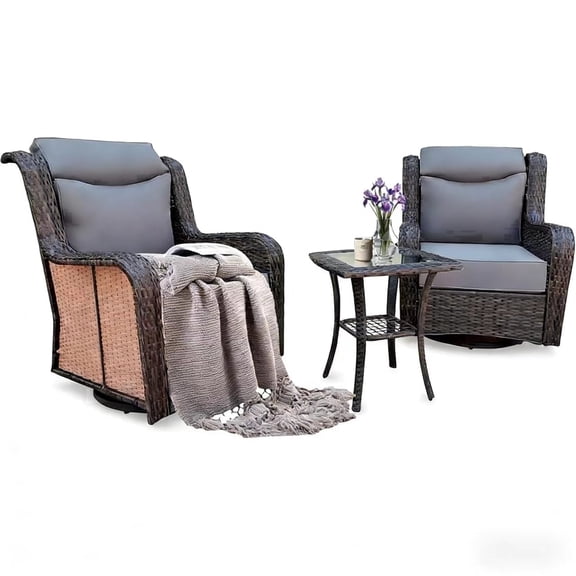 Rtbackyards 3-Piece Wicker Outdoor Swivel Glider Chair Set with Side Table, Weather-Resistant Patio Furniture