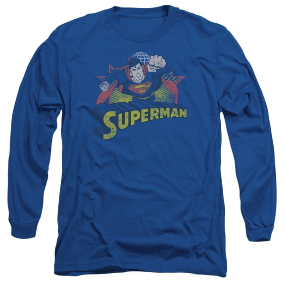 JLA Justice League Superman Rough Distress Long Sleeve Adult 18/1 T-Shirt Royal Blue