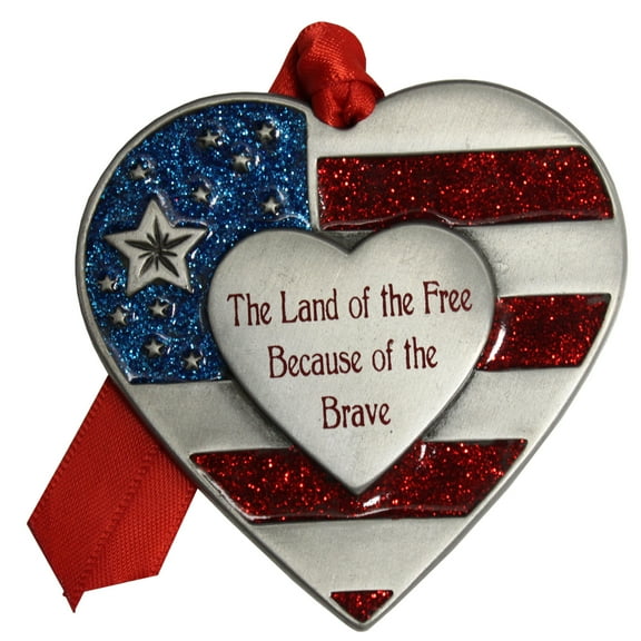 Vintage Pewter Patriotic Heart Christmas Tree Ornament