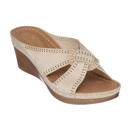 GC Shoes Womens Open Toe Memory Foam Wedge Sandals  Summer Platform Heels  Low Heeled Cross Strap Slides  Giselle/Gold/10