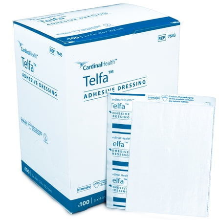Telfa Adhesive Dressings “Ouchless”, 3” x 4” - Sterile, Non‑Adherent Absorbent Cotton Pad with Adhesive Strips, Primary Dressing for Lightly Draining Wounds, Easy‑Dispense Box, 6017 (Box of 100)