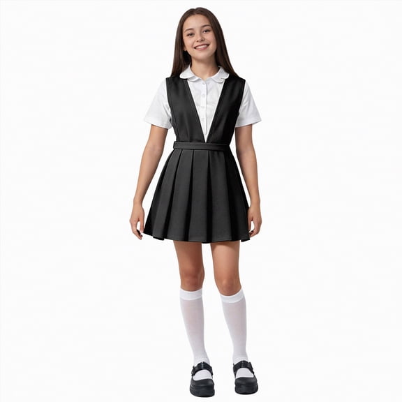 CAICJ98 Girls Uniform Jumper Dress Pull-on Scooter Skirt Stretchy Overall School Uniform for Girls Dresses (6-7 Years,Black)