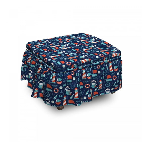 Anchor Ottoman Cover, Captain Boats and Helm, 2 Piece Slipcover Set with Ruffle Skirt for Square Round Cube Footstool Decorative Home Accent, Standard Size, Vermilion Pale Blue, by Ambesonne