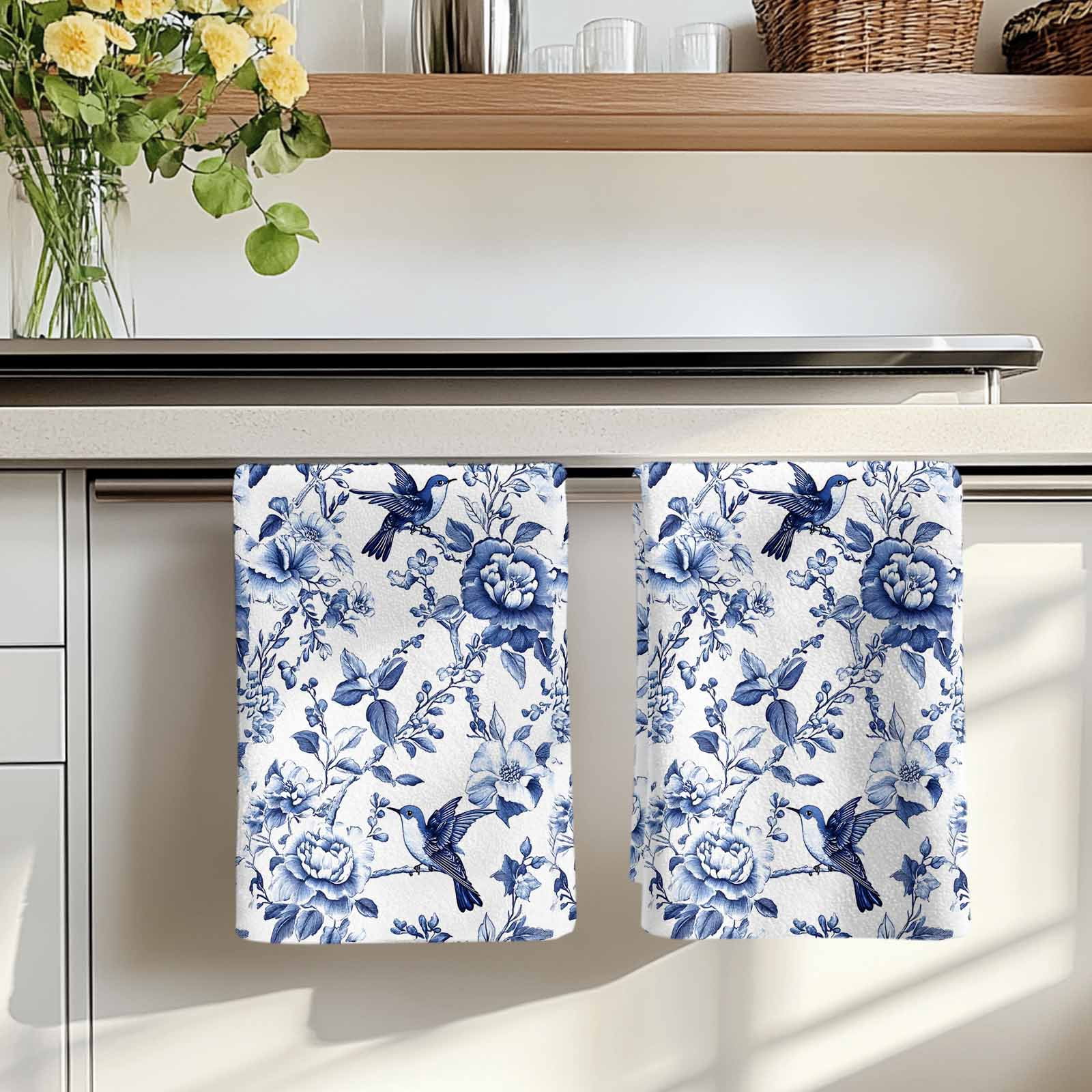 White Blue Spring Floral Kitchen Towels Set of 2, Summer Botanical Hummingbird Absorbent Dish Towels for Kitchen, Microfiber Hand Towel, Quick Drying Tea Towel for Cleaning Decorative Dishcloths