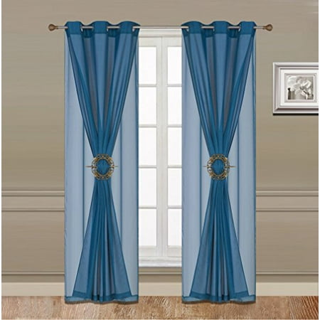 Brown And Turquoise Curtains WPM 6 Piece Luxury Curtain Set: 2 Piece Faux Linen Grommets Panel + 2 Sheer Voil Grommets Panels (JKA 1632-Turquoise) ()