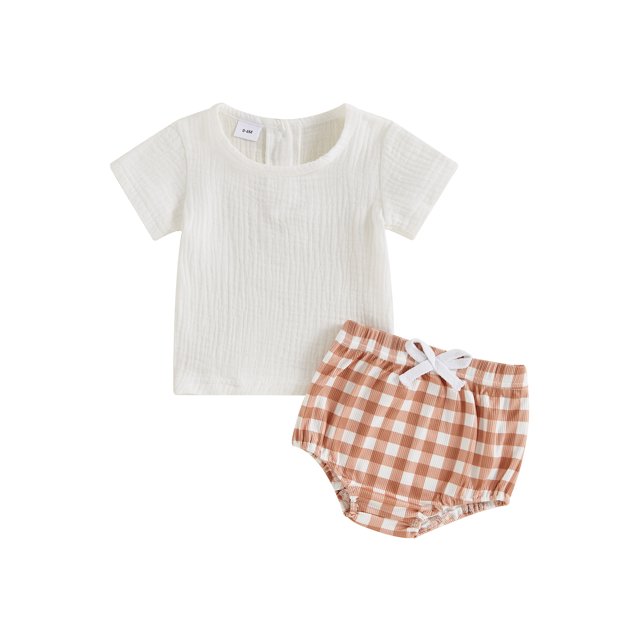 SUNSIOM Baby Girls Summer Outfits Solid Color Round Neck Short Sleeve T-Shirts Tops Ribbed Plaid Shorts 2Pcs Clothes Set