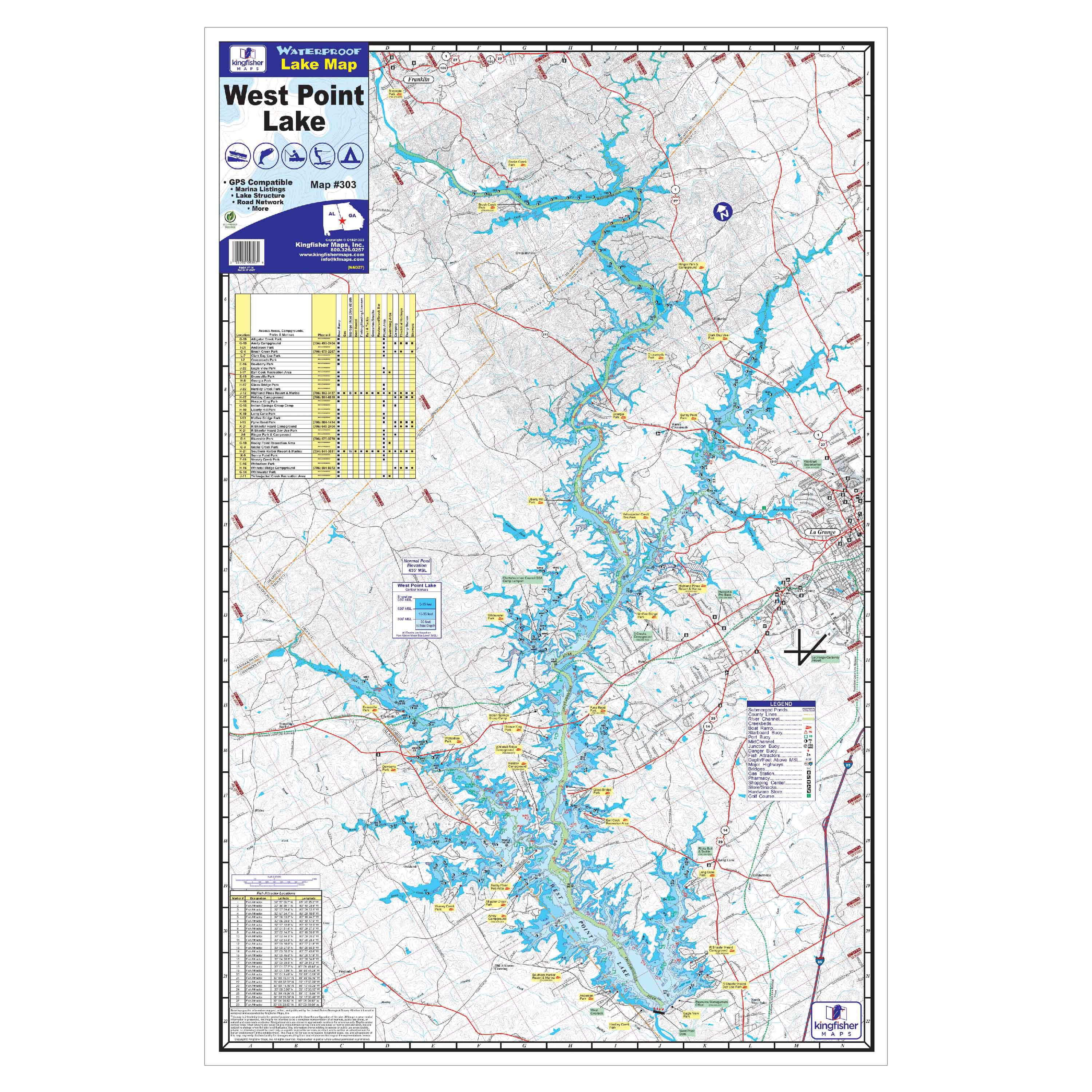 WATERPROOF MAP LAKE WEST POINT  Recreation and Fishing Guide Map w/Topography 