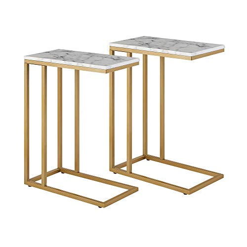 ROSEN GARDEN Table d'Appoint en Forme de C, Table à Collation avec Plateau en Faux Marbre et Cadre en Métal, Support pour Café pour Portable, Mobilier Moderne (Or, 2 Pcs)
