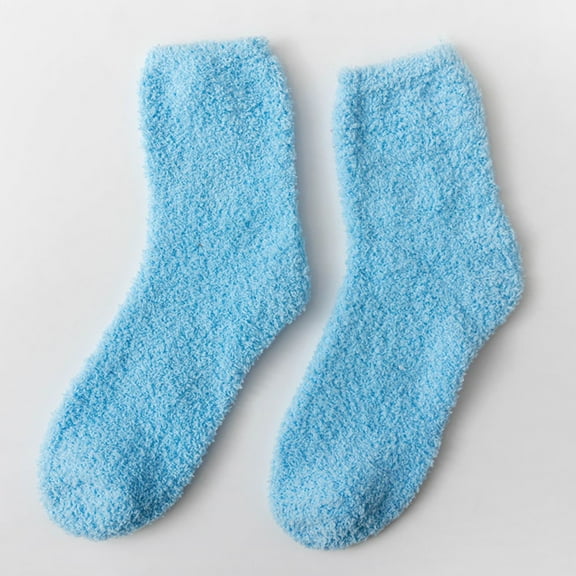 Solid Color Coral Fleece Socks for Women, Winter Soft Plush Sleep Socks with Non-Slip Grip, Cozy Home Warm Slipper Socks in Blue