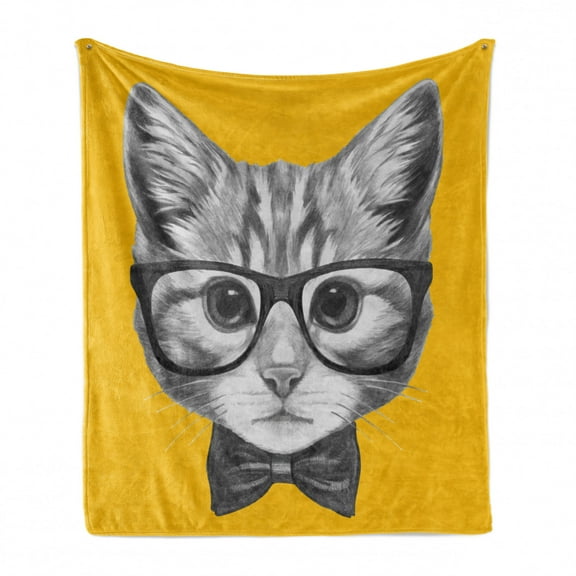 Animal Soft Flannel Fleece Throw Blanket, Sketchy Hand Drawn Design Baby Hipster Cat Kitten Glasses Image Print, Cozy Plush for Indoor and Outdoor Use, 70" x 90", Grey Mustard, by Ambesonne