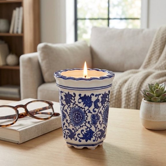 Decorative Scalloped Rim Ceramic Scented Candle for Living Room Decor - Elegant Pillar and Votive Accent for Indoor and Outdoor - Ideal for Men, Small, and Large Spaces - 5", Blue & White