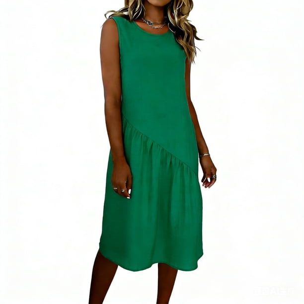 Largo Vestido Casual Multi-Color Suelto de Lino Cuello Redondo Primavera Vestido de Verano, Vestido de Lino Casual para las Mujeres Vacaciones Diarias