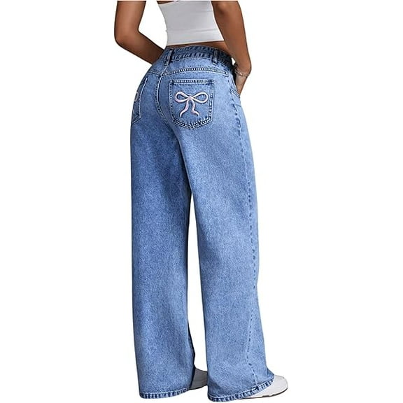 ZANKLEY Women Bowknot Embroidery Y2k Jeans Straight Leg Boyfriend Denim Pants