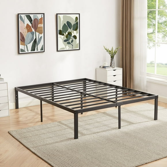 VECELO 16" Full Size Metal Platform Bed Frame, Heavy Duty Steel Slat/Mattress Foundation, No Box Spring Needed, Black